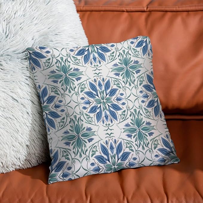 Mughal Flower Throw Pillow Covers Blue Lotus Floral Cushion Cover 16x16 INRetro Accent Farmhouse Decor Pillow for Patio Tent Couch