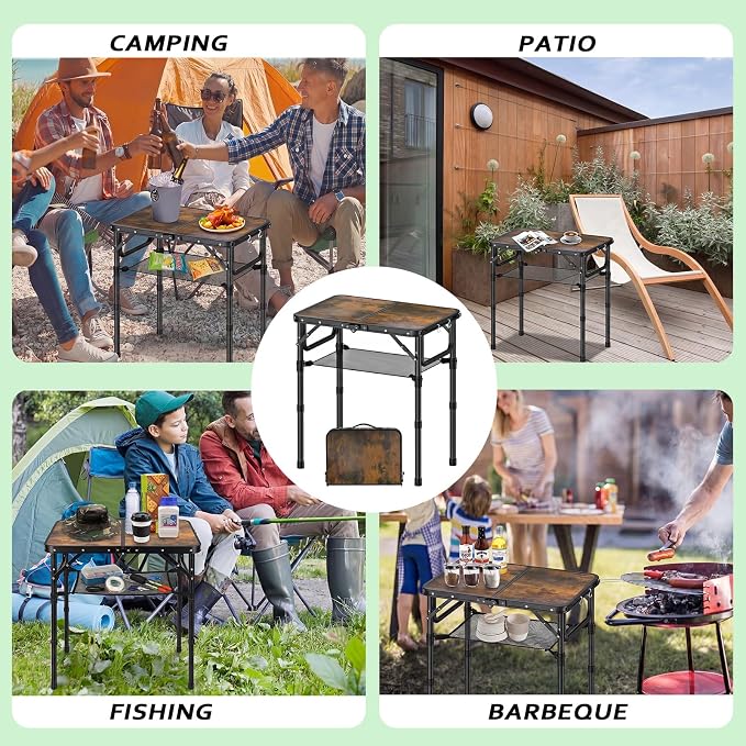 YihuiKo Small Folding Picnic Table with Storage Net, 3 Adjustable Heights 27.5" Aluminum Lightweight Portable Table with Carrying Handle for Camping Travel and Indoor
