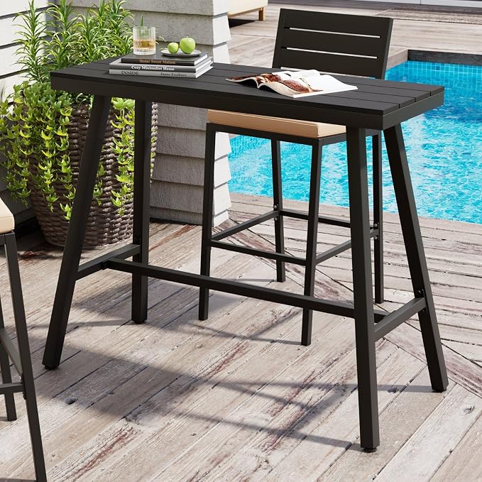 Crestlive Products Outdoor Bar Table, Patio Pub Table, 43'' Patio Bar Height Table with Weather Resistant Waterproof Top for Balcony, Bistro, Garden, Backyard, Poolside, Indoor (Black)