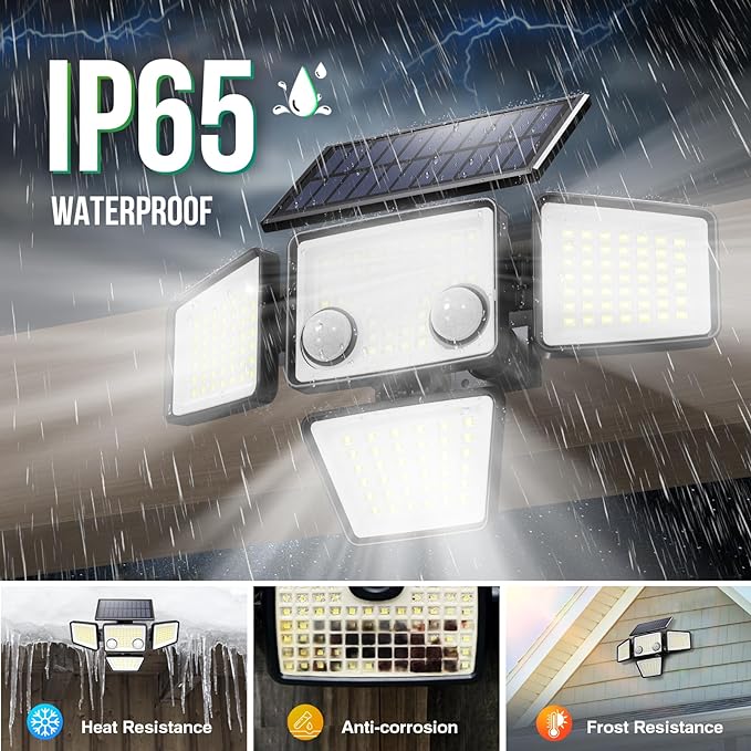 LYWALT Solar Outdoor Lights - 3000LM 188 LED Motion Sensor Outdoor Lights, 4 Heads Security Light,IP65 Waterproof, Easy Install,270°Wide Angle Flood Wall Light with 3 Modes for Backyard Yard
