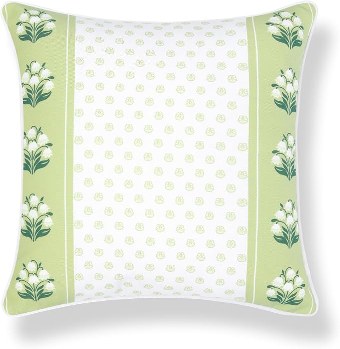 Hofdeco Premium Grandmillennial Coastal Hampton Patio Indoor Outdoor Throw Pillow Cover Only, 20"x20" Water Repellent for Backyard, Couch, Poolside, Grass Green Print Block Striped Lily of the Valley