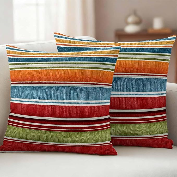 Yukro Color Striped Outdoor Waterproof Pillow Covers Pack of 2, Orange Blue Red Green Stripes Abstract Modern Throw Pillowcases Decorative Cushion Covers for Garden Patio Tent Sofa Couch, 24x24 inch