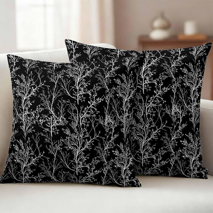 Black Branches Waterproof Outdoor Pillow Covers Set of 2 Home Decor, Abstract Art Leaves Plant Pillowcase Patio Pillow Covers for Couch Bench Patio Furniture Garden 18x18in
