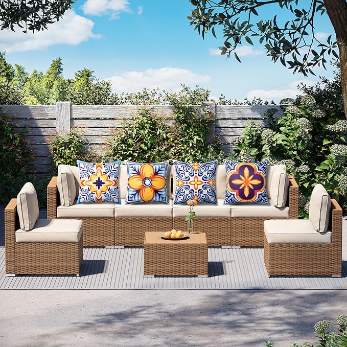 Waterproof Outdoor Pillow Covers, 4 Pack 18x18 Throw Pillow Covers | Blue Orange Decorative Pillow Covers, Floral & Boho Print, Waterproof & Fade Resistant, Cushion Case for Patio Furniture