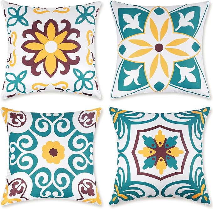 Pyonic Turquoise Waterproof Outdoor Pillow Covers 20x20 inch Set of 4 | Morocco Vintage Floral Boho Throw Pillow Covers Water Resist Outdoor Pillows for Patio Furniture Garden Yard