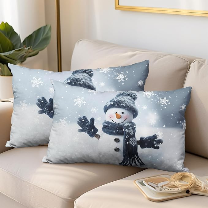 Navy Blue Snowman Lumbar Pillow Covers 12x20 Set of 2 Winter Holiday Rectangle Throw Pillow Covers Snowman Snowflakes Waist Cotton Blend Pillow Case for Christmas Decor Couch Living Room