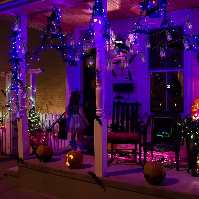 Solar String Lights for Outside, 33Ft Solar Patio Lights with 15 Flickering Flame Light Bulbs, Waterproof Purple Solar Powered Outdoor Lights for Garden Yard Patio Gazebo Bistro Cafe Porch Party Decor