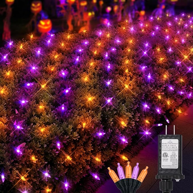 120LED Halloween Net Lights Outdoor, 5ft x 6ft Connectable Mesh Lights, 8 Modes 3.5V Low Voltage Waterproof Bush Lights for Trees, Bushes, Wedding, Party Decor (Orange/Purple, 1Pack)