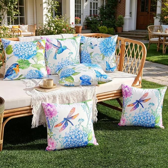 Merrycolor Outdoor Waterproof Throw Pillow Covers 18x18Inch Set of 4 Summer Flowers Accent Farmhouse Décor Hydrangeas Butterflies Birds Decorative Pillow Covers for Couch paito Garden Sofa Blue-Purple