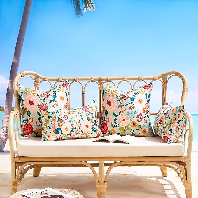 Decorative Outdoor Lumbar Pillow Covers Floral Waterproof Throw Pillow Covers Green Accent Couch Covers Garden Farmhouse Cushion Cases 12x20 Inch Set of 2 for Summer Patio Tent Balcony Furniture Sofa