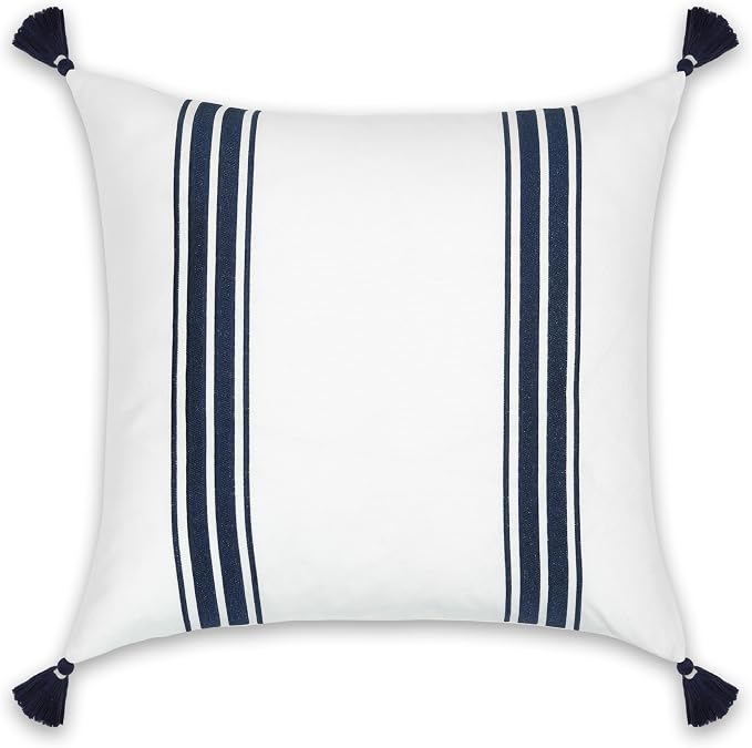 Hofdeco Premium Coastal Patio Indoor Outdoor Throw Pillow Cover Only, 20"x20" Water Repellent for Backyard, Couch, Navy Blue Embroidered Stripes with Tassels