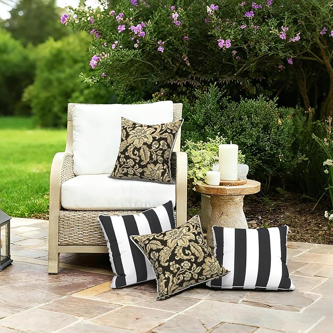 LVTXIII Outdoor Throw Pillows 20x20 Patio Waterproof Square Pillows with Piping Fade Resistant Accent Pillow for Spring Summer Garden Decoration, Set of 2, Jacobean Black