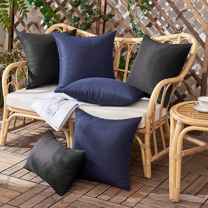 Outdoor Waterproof Throw Pillow Covers Dark Blue 16x16 Set of 2 | Decorative Farmhouse Linen Pillowcases Solid Cushion Cases for Patio Tent Balcony Couch Sofa Living Room