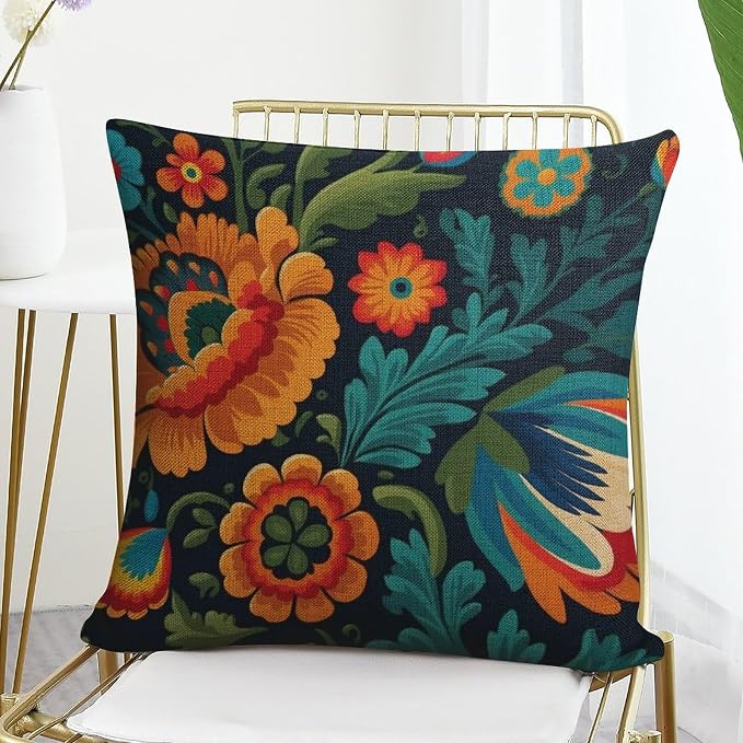 Cushion Covers Mexican Flowers Decorative Square Pillowcase Cushion Case Modern Floral Blossom Decorative Pillows for Couch 18"x18" Decorative Outdoor Linen Fabric Pillow Case for Couch Bed Car