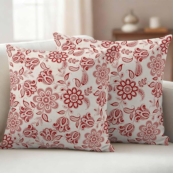 Abstract Paisley Pattern Outdoor Pillow Covers Set of 2 Retro Ethnic Red Flower Waterproof Throw Pillow Cover Decorative Cushion Cases for Patio Porch Garden 24X24 Inch