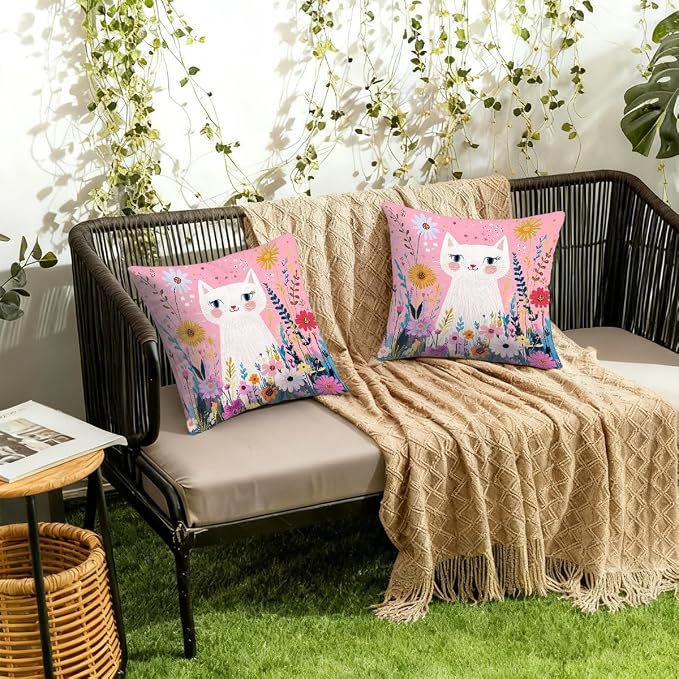 20x20 Inch Outdoor Pillow Covers Set of 2 Waterproof Throw Pillow Covers Decorative Couch Cushion Covers Pink Cat Garden Flowers Square Pillowcases Protectors for Patio Garden Sofa