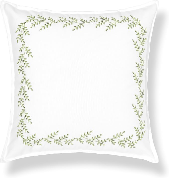 Hofdeco Premium Grandmillennial Patio Indoor Outdoor Throw Pillow Cover Only, 20"x20" Water Repellent for Backyard, Couch, Poolside, Grass Green Embroidered Leaves Frame