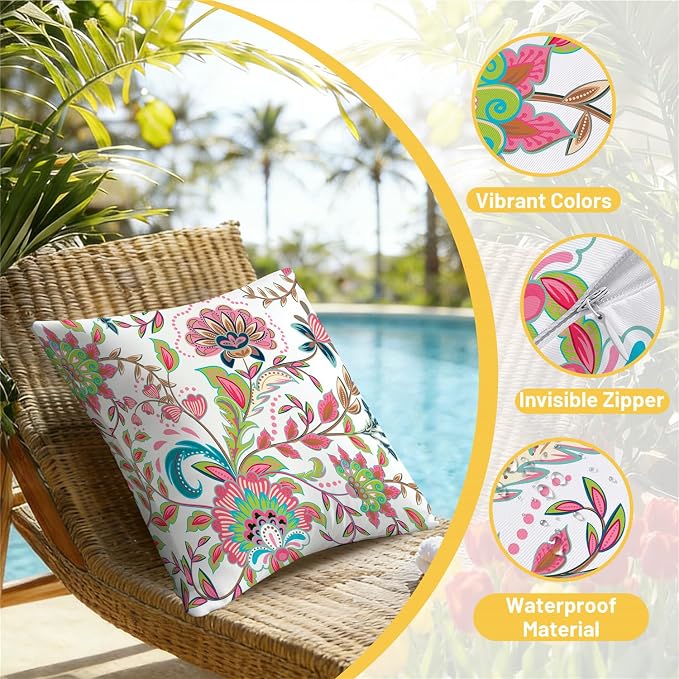 NIGHTWISH Outdoor Waterproof Pillow Covers 18x18 Set of 4 Spring Summer Floral Boho Decorative Outdoor Throw Pillows Paisley Cushion Cases for Patio Furniture Bench Couch Sunbrella