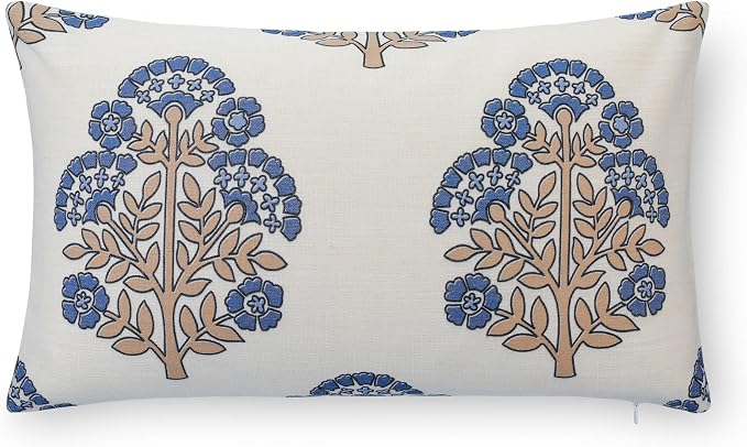 California Casual Coastal Indoor Outdoor Lumbar Pillow Cover, 12"x20" Water Repellent for Patio, Backyard, Couch, Poolside, Earth Tone Tan Azure Blue Block Print Hydrangea Flowers