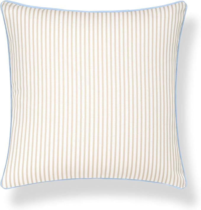 Hofdeco Premium Coastal Hampton Patio Indoor Outdoor Throw Pillow Cover Only, 20"x20" Water Repellent for Backyard, Couch, Poolside, Neutral Tan Blue Print Stripes