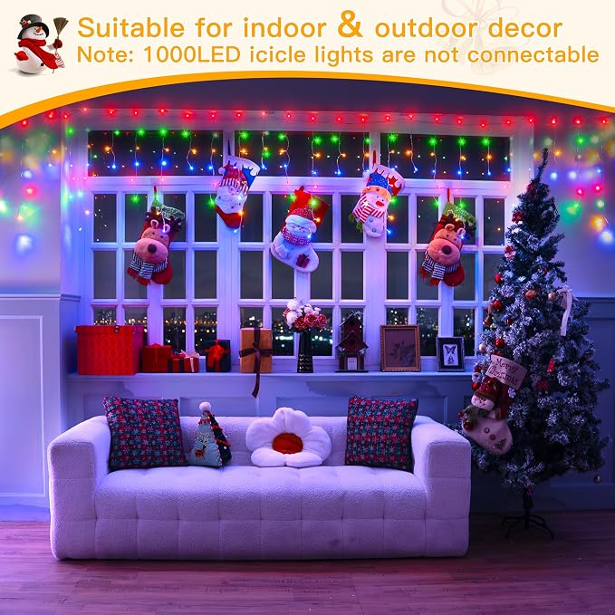 Ollny Icicle Lights for Outside 1000LED 82FT, Multicolor Christmas Light with Remote 8Modes Timers Waterproof Dimmable, Plug in Hanging Lights for Outdoor Indoor House Roof Holiday