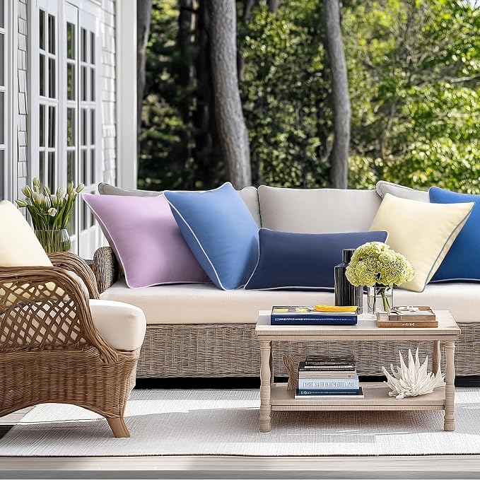 Phantoscope Pack of 2 Outdoor Waterproof Throw Pillow Covers with Contrast Piping, Decorative Square Cushion Case Patio Pillows for Couch Tent, Butter Yellow 18x18 inches