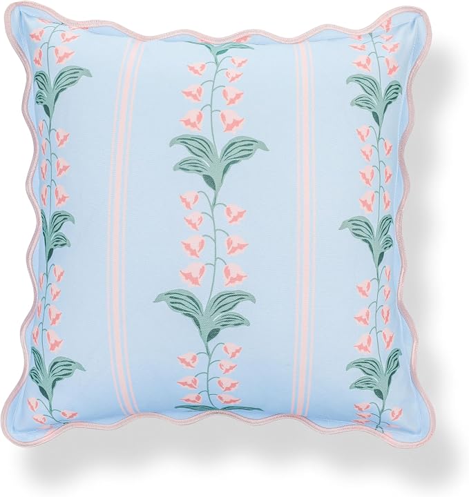 Hofdeco Premium Grandmillennial Patio Indoor Outdoor Throw Pillow Cover Only, 20"x20" Water Repellent for Backyard, Couch, Poolside, Baby Blue Pink Print Watercolor Striped Lily of the Valley