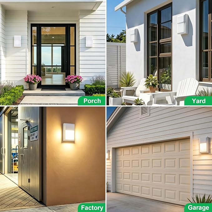 Outdoor Porch Light, LED Wall Sconce, Rustproof Aluminum | Modern Exterior Wall Light Fixture for House, Patio, Garage, 12W 1000 Lumen, Waterproof, 3000K, White, 2 Pack