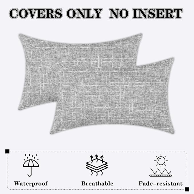Kevin Textile Outdoor Waterproof 14”x24” Lumbar Pillow Covers 2 Pack, Grey | Water Resistant, Soft Faux Linen-cotton Yarn-dyed Woven Texture Throw Pillow Covers for Tent Patio Garden Couch Sofa