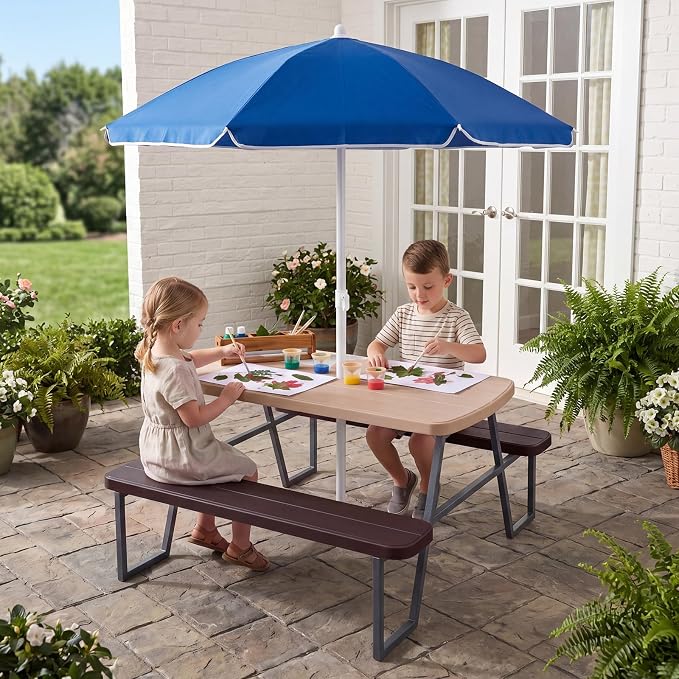 HONEY JOY Kids Picnic Table, 4 Person Toddler Outdoor Table and Chair Set, Built-in Benches, Removable Umbrella, Metal Frame & HDPE Top, Children Outdoor Furniture for Backyard Patio Garden (Coffee)