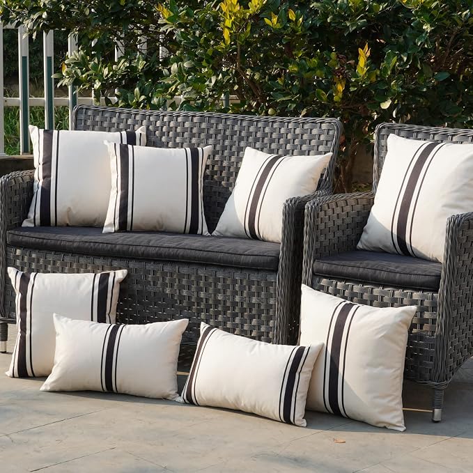 ONWAY Outdoor Pillow Covers Waterproof 20x20 Set of 2 Decorative Linen Throw Pillow Cover Beige and Black Striped Outdoor Pillows for Patio Furniture