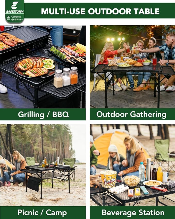 3ft Folding Camping Table with Wing Panels, Metal Mesh Grill Table,2 Adjustable Heights,Folding Table with Storage Net, Paper Towel Holder, Hooks, Trash Bag Rack, for Picnic,Camping,BBQ,Beach(Black)