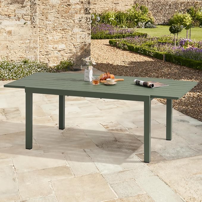 Soleil Jardin Aluminum Patio Extendable Dining Table, 59" - 83", Adjustable Indoor Outdoor Furniture Rectangle Table for 6-8 Person Porch Deck Garden, Green