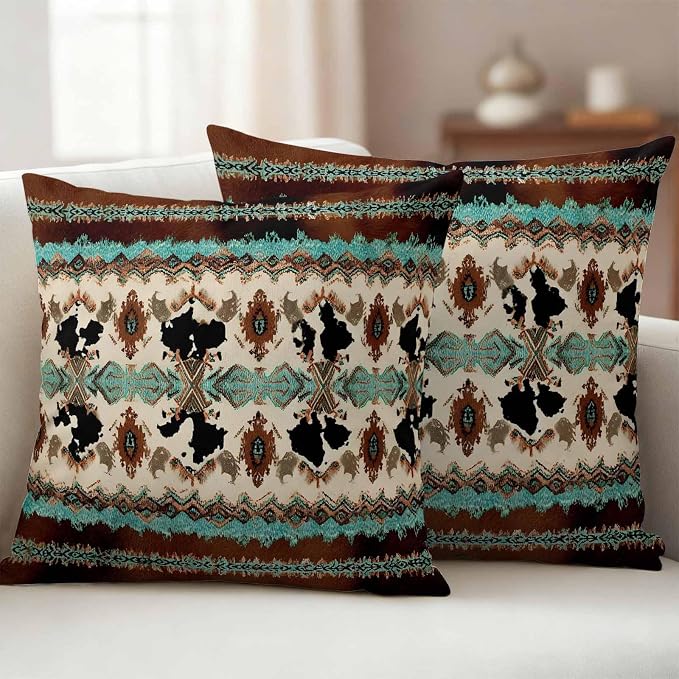 Boho Cowhide Outdoor Pillow Covers 20"x20" Set of 2, Western Aztec Tribal Green Brown Cow Texture Waterproof Throw Pillow Covers for Patio Furniture, Decorative Cushion Covers for Porch