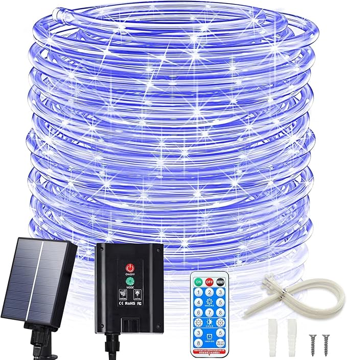 ICRGB Solar Pool Lights, 66FT 200LED 1800mAh Solar Rope Lights (Blue) | Type C & Solar, With Remote, Waterproof, Timing, 8 Modes, for Above Ground Pool Garden Patio Fence Walkway Christmas