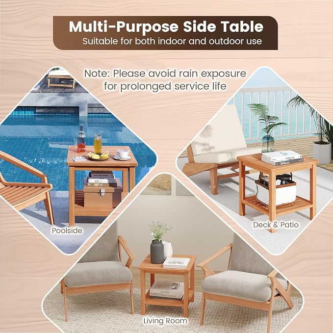 HAPPYGRILL Acacia Wood Outdoor Side Table, 2-Tier Indoor End Table with Spacious Tabletop and Slatted Storage Rack, Square Wood Table for Poolside, Living Room, Porch, Balcony and Garden (2)