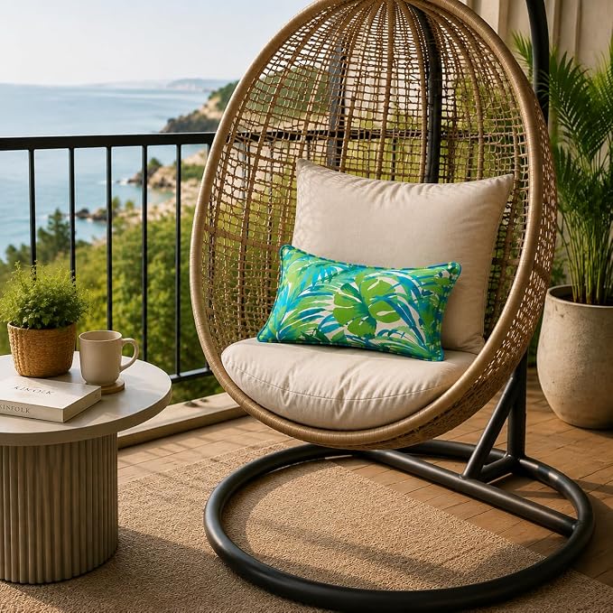 13 x 20 Inch Outdoor Lumbar Pillow with Insert Set of 2, Decorative Piping Edge Waterproof Fade Resistant Fluffy Throw Pillows for Patio Furniture Chair Bench Couch - Green Palm Leaves