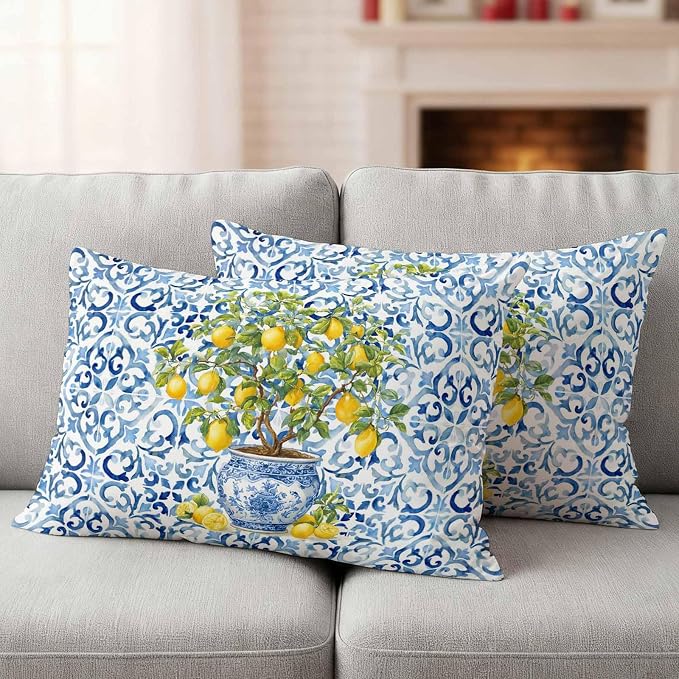 Summer Lemons Outdoor Pillow Covers 20x12 Inch Lumbar Pillow Covers Set of 2 Waterproof Decorative Throw Pillow Cases Blue Boho Floral Farmhouse Botanical Cushion Covers for Patio Furniture Garden