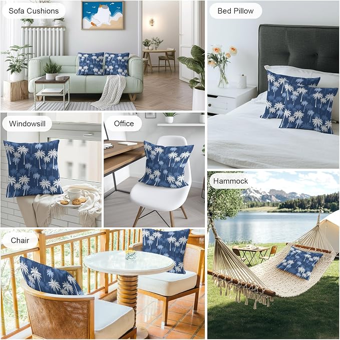 Throw Pillow Covers 20x20 Inch Set of 2, Tropical Palm Tree Waterproof Outdoor Pillow Covers, Navy Blue White Plants Coastal Leaf Decorative Cushion Pillowcases for Couch, Sofa, Bed, Garden, Patio