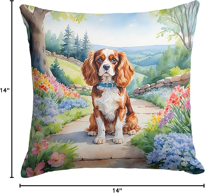 Caroline's Treasures Cavalier Spaniel Spring Path Throw Pillow Machine Washable, Indoor Outdoor Decorative Pillow for Couch, Bed or Patio, 14Hx14W