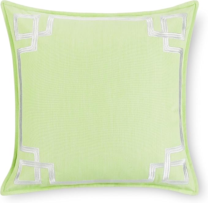 Hofdeco Premium Coastal Hampton Outdoor Performance Throw Pillow Cover Only, 20"x20" Water Repellent, UV and Fade Resistant for Backyard, Couch, Poolside, Grass Green Embroidered Frame Greek Key