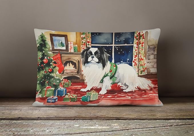 Caroline's Treasures DAC2683PW1216 Japanese Chin Cozy Christmas Throw Pillow Machine Washable, Indoor Outdoor Decorative Pillow for Couch, Bed or Patio, 12HX16W