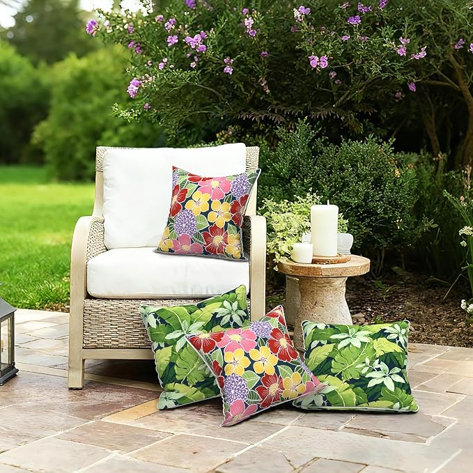 LVTXIII Outdoor Throw Pillows 16x16 Patio Waterproof Square Pillows with Piping Fade Resistant Accent Pillow for Spring Summer Garden Decoration, Set of 2, Flower Bloom