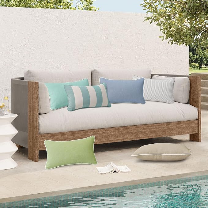 Unimatta Decorative Outdoor Water Repellent Throw Pillows with Inserts, Set of 4, 20" x12" Pillows for Patio, Backyard, Bed, Couch, and Patio Furniture, Turquoise Stripe