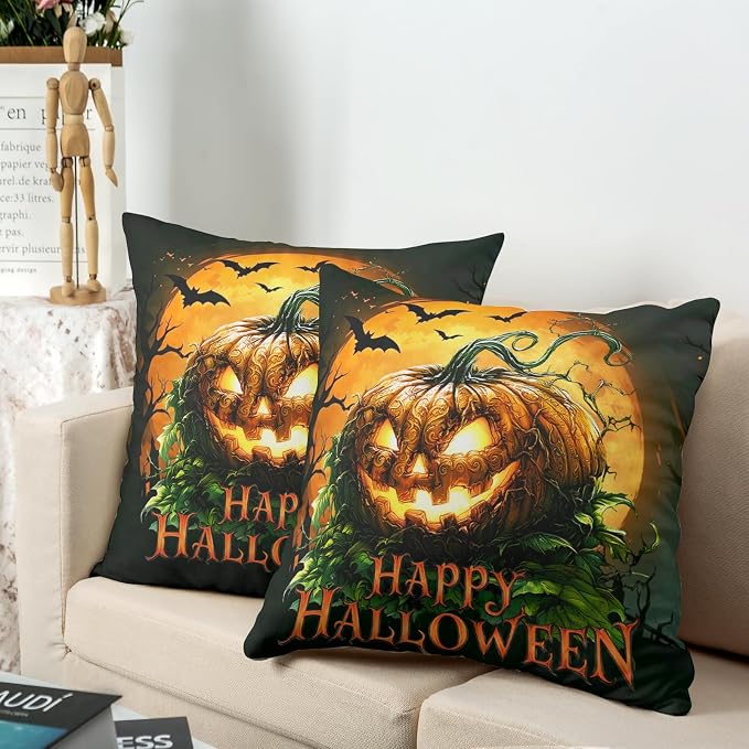 Halloween Throw Pillow Covers Scary Pumpkin Pillow Covers 22x22 Set of 2 Full Moon Bat Pillow Cases Jack-O'-Lantern Cushion Cases for Home Farmhouse Bedroom Living Room Sofa Couch