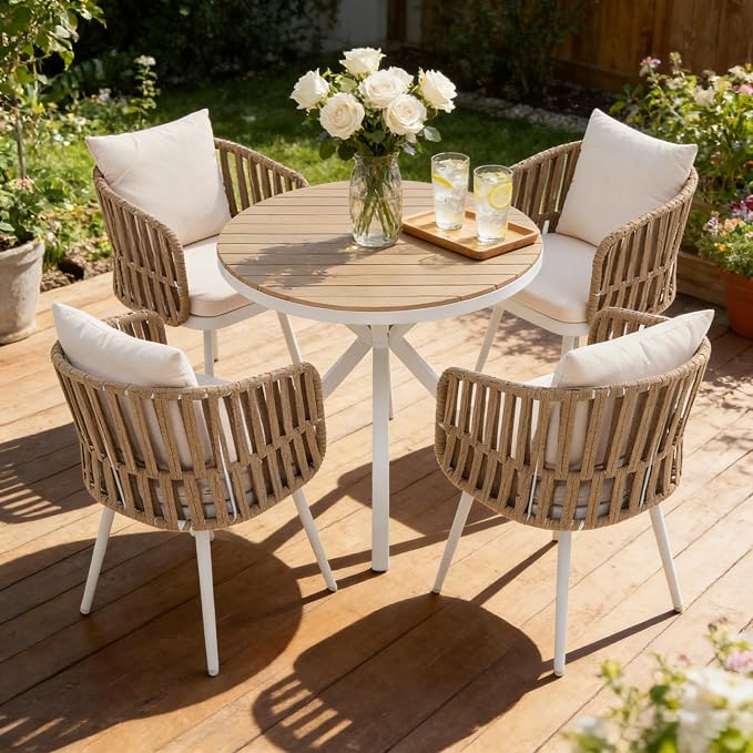 SUNSITT Patio Dining Chairs Set of 4, Outdoor Metal Dining Chairs with Woven Rope, All-Weather Patio Arm Chairs w/Cushions, Porch, Garden, White