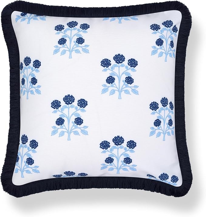 Hofdeco Premium Coastal Hampton Patio Indoor Outdoor Throw Pillow Cover Only, 20"x20" Water Repellent for Backyard, Couch, Poolside, Navy Blue Print Hydrangea Flowers