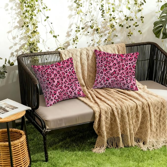 20x20 Inch Outdoor Pillow Covers Set of 2 Waterproof Throw Pillow Covers Decorative Couch Cushion Covers Pink Glitter Leopard Print Square Pillowcases Protectors for Patio Garden Sofa