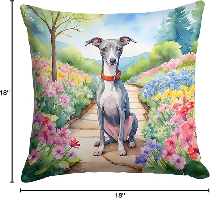 Caroline's Treasures Italian Greyhound Spring Path Throw Pillow Machine Washable, Indoor Outdoor Decorative Pillow for Couch, Bed or Patio, 18Hx18W