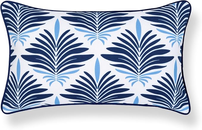 Hofdeco Premium Coastal Hampton Patio Indoor Outdoor Lumbar Pillow Cover Only, 12"x20" Water Repellent for Backyard, Couch, Poolside, Navy Blue Print Abstract Plam Leaves